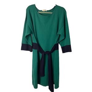 Boden Womens Dress Size 12 Belted Green Navy Sheath 3/4 Sleeve Office